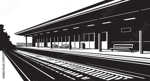 Black and white illustration of a train station platform