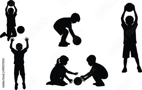 Children Playing with Ball Silhouettes Showing Jumping, Throwing, Catching, and Active Kids Outdoor Sports