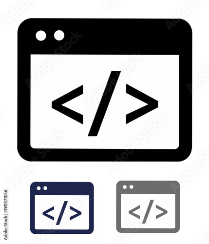 Vector illustration of coding icon set. Web development browser window icon set featuring coding brackets and slash symbol, perfect for programming and software engineering concepts