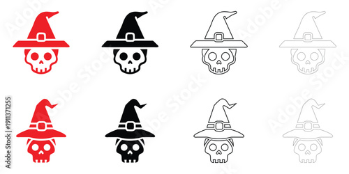 skull wearing witch hat icon vector set, human skull with witch hat vector, silhouette and line art illustration