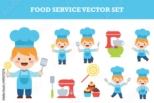 Cute cartoon chef characters and kitchen tools food service vector set for cooking and baking themes