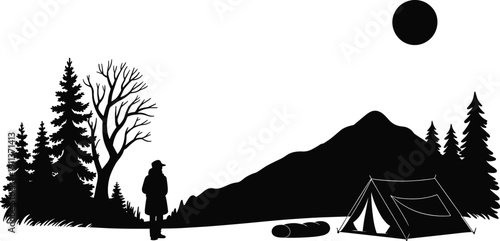 Black silhouette of a lone traveler camping in the wilderness with a tent and sleeping bag near pine trees and mountains under a moon.