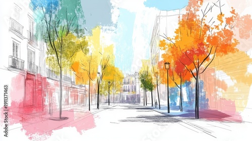 A street with a tree in the middle and a building on the right