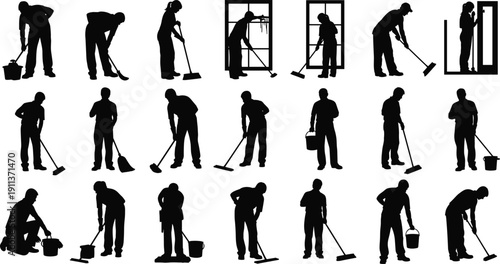 Cleaning Workers Silhouette Set Showing Floor Mopping, Window Washing, Sweeping and Housekeeping Service Activities