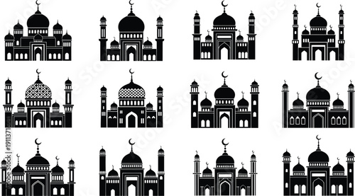 Collection of Islamic mosque silhouette icons with domes and minarets for Ramadan, Eid and religious design illustration