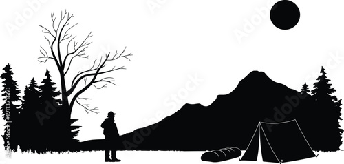 Black silhouette set of mountain hikers, backpackers, and cross country skiers with trekking poles climbing rugged peaks, outdoor adventure icons isolated on white.