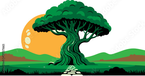 Vibrant vector illustration of a large green tree with a thick textured trunk and lush canopy, set against a bright orange sunset and rolling green hills with a stone path, isolated on white.