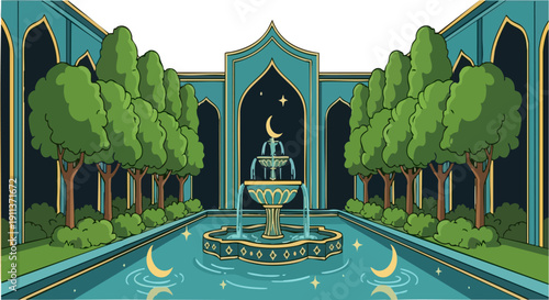 Vector illustration of an ornate teal Islamic garden with a central fountain, crescent moon reflections in the water, and lush green trees under a starry night sky.
