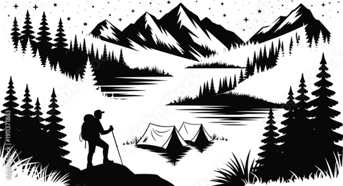 Black silhouette set of mountain hikers, backpackers, and cross country skiers with trekking poles climbing rugged peaks, outdoor adventure travel icons on white.