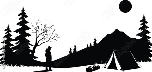 Black silhouette set of mountain hikers, backpackers, and cross country skiers with trekking poles climbing rugged peaks, outdoor adventure travel icons on white.