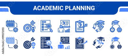Academic Planning Icon Collection,  featuring Schedule, Objective, Assessment, Statistics, Reporting, Academic, Education.
