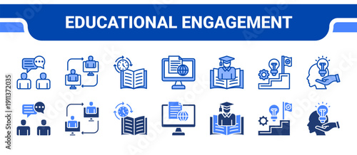 Educational Engagement Icon Collection,  featuring Discussion, Interaction, Synchronous, Online Course, Student, Learning Journey, Retention.