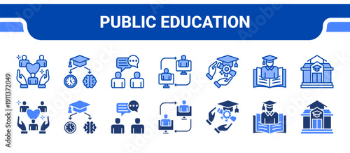 Public Education Icon Collection,  featuring Public Service, Education, Discussion, Interaction, Academic, Student, University.