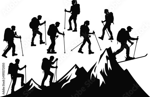 Black silhouette set of mountain hikers, backpackers, and skiers with trekking poles climbing rugged peaks, outdoor adventure travel icons isolated on white background for design.