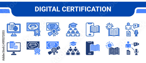 Digital Certification Icon Collection,  featuring Online Course, Certification, Diploma, Graduation, Mobile Learning, Synchronous, Multimedia.