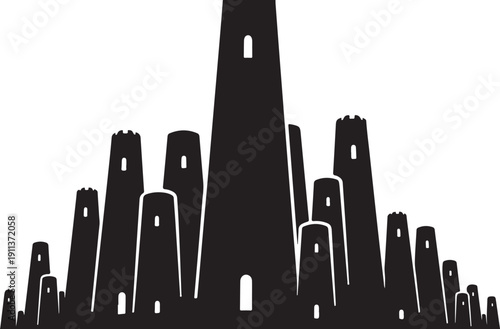 Black silhouette of a city skyline with tall buildings