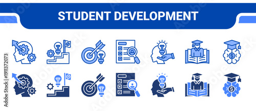 Student Development Icon Collection,  featuring Self Development, Learning Journey, Objective, Assessment, Retention, Student, Intelligence Quotient.