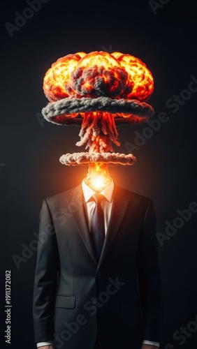 Surreal image of suit-clad figure with mushroom cloud explosion as head
