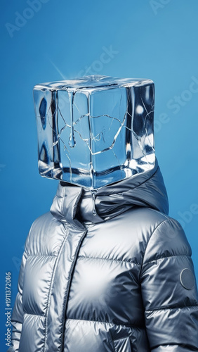 Surreal ice cube head on silver puffer jacket against blue background
