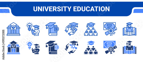University Education Icon Collection,  featuring University, Studying, Tuition, Academic, Graduation, Diploma, Student.