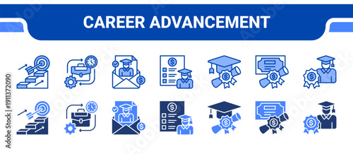 Career Advancement Icon Collection,  featuring Career, Work Experience, Recommendation Letter, Sponsorship, Scholarship, Diploma, Award.