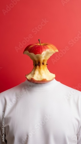 Surreal half-eaten apple head on person in white shirt against red background