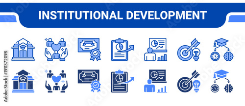 Institutional Development Icon Collection,  featuring University, Public Service, Certification, Reporting, Statistics, Objective, Education.