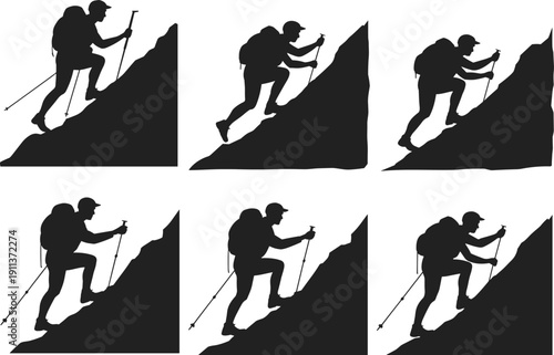 Set of black silhouettes featuring mountain climbers and hikers with backpacks and trekking poles ascending steep rocky slopes, outdoor adventure icons on white.