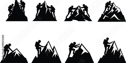Set of black silhouettes featuring mountain hikers, backpackers, and cross country skiers with trekking poles climbing rugged peaks, outdoor adventure icons on white.