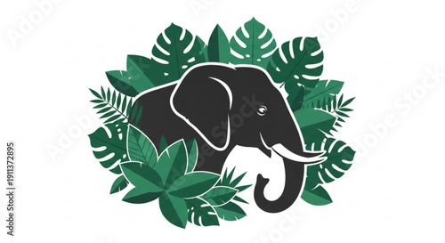 Black Elephant Silhouette with Green Tropical Leaves Isolated on White Background