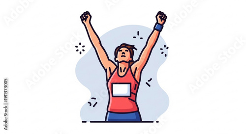 Triumphant Athlete Celebrating Victory with Raised Arms and Red Tank Top