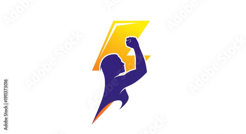 Strong Man Flexing Arm with Yellow Lightning Bolt, Purple Silhouette, Isolated on White Background