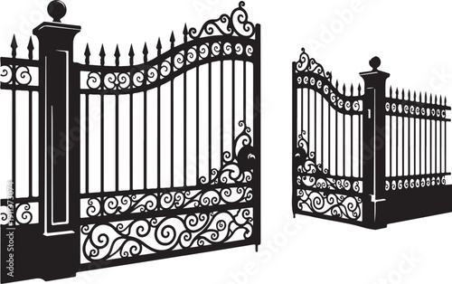 Ornate Black Iron Fence Gate with Decorative Scrollwork Design