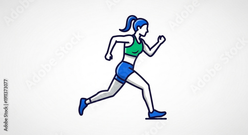 Female Runner in Green Sports Bra and Blue Shorts Running on White Background