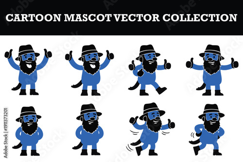 Cute cartoon mascot vector collection featuring cheerful bearded characters in blue outfits and hats giving thumbsup