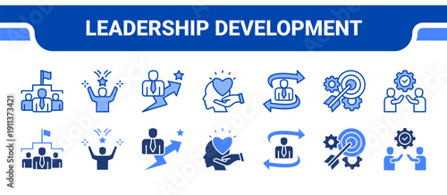 Leadership Development Icon Collection,  featuring Leadership, Motivation, Personal Development, Empathy, Decision Making, Goal setting, Support.