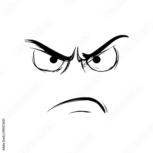 Angry face expression with furrowed brows and a frown drawn in black lines on a white background art