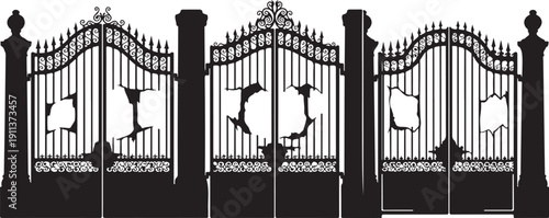 Broken Iron Fence Gate with Decorative Posts and White Background