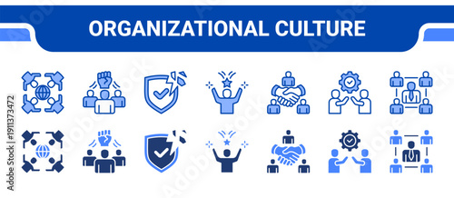 Organizational Culture Icon Collection,  featuring Diversity, Team Spirit, Trust, Motivation, Collaboration, Support, Group.