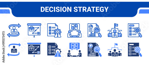Decision Strategy Icon Collection,  featuring Decision Making, Strategic planning, Risk management, Problem Solving, KPI, Leadership, Transparency.