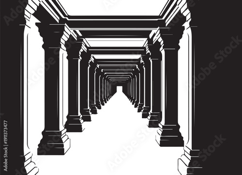 Black and white illustration of a long corridor with columns