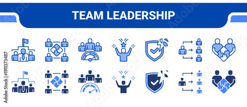Team Leadership Icon Collection,  featuring Leadership, Team Building, Team Performance, Motivation, Trust, Delegation, Cooperation.