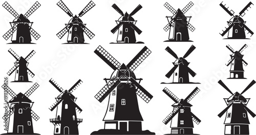 Collection of black windmill silhouettes on white background