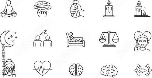 Mental Health and Wellness Icons Set for Meditation and Therapy.
