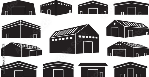 Collection of various black barn house silhouettes on white