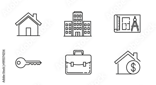 Real Estate Icons Representing Home Building Investment And Business.