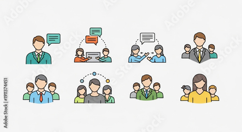 Teamwork and communication icons representing business people collaborating.