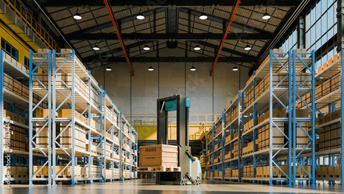 Bild auf Leinwand Automated guided vehicle operating in modern industrial warehouse with high pall