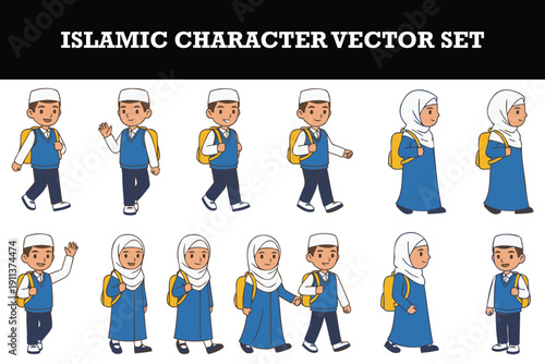 Cute islamic cartoon character vector set featuring schoolchildren in traditional attire and backpacks walking waving and holding hands