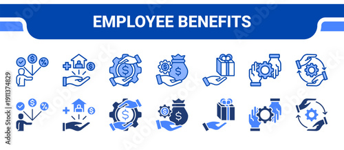 Employee Benefits Icon Collection,  featuring Employee benefits, Welfare, Compensation, Incentive, Gift, Support, Assistance.